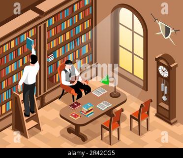 Interno della biblioteca isometrica con l'uomo che prende il libro dall'illustrazione vettoriale boorshelf Illustrazione Vettoriale