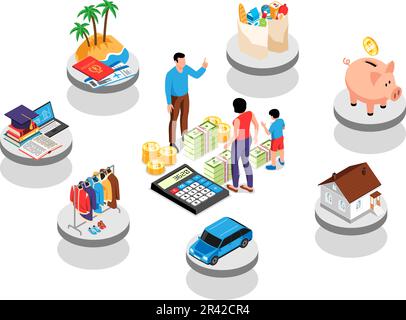 Composizione isometrica del bilancio familiare con persone che contano il vettore di denaro illustrazione Illustrazione Vettoriale
