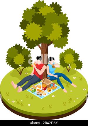 Picnic partito concetto isometrico con famiglia coppia che mangia all'aperto vettore illustrazione Illustrazione Vettoriale