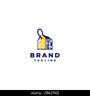 Una casa con un muro a forma di un prezzo Tag. Modello di logo sull'alloggio in affitto illustrato con una casa che diventa uno con un'icona etichetta. Illustrazione Vettoriale