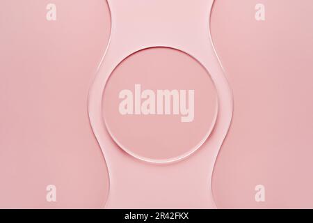 Capsula di Petri rotonda vuota e vetrino ondulato su sfondo rosa. Mockup per campioni di prodotti cosmetici o scientifici Foto Stock