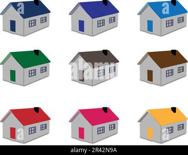 Case confezione vettore multicolore pacchetto colori multipli. Casa con tetto in stile cartone animato. Casa carina Illustrazione Vettoriale