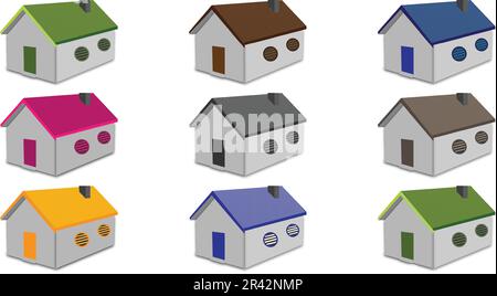 Case confezione vettore multicolore pacchetto colori multipli. Casa con tetto in stile cartone animato. Casa carina Illustrazione Vettoriale