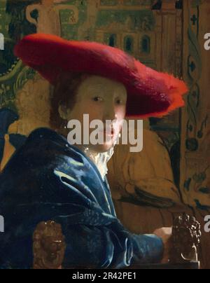 Ragazza con il cappello rosso dipinto dal pittore olandese dell'età dell'oro Johannes Vermeer nel 1665-1667 Foto Stock