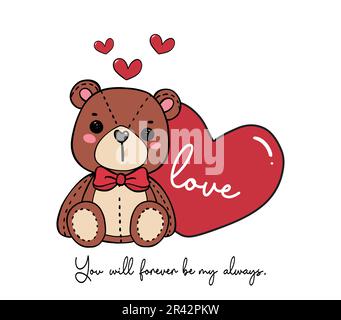 Cute innocence Smile Teddy Bear sedersi accanto al rosso cuore doodle mano disegno cartoon personaggio contorno isolato su sfondo bianco Illustrazione Vettoriale