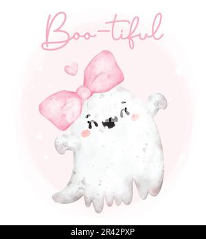 Carino kawaii rosa fantasma hallooween con grande prua bellezza felice sorriso cartone animato personaggio bootiful watercolor mano dipinto vettore biglietto d'auguri Illustrazione Vettoriale
