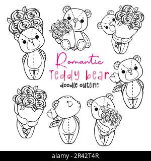 Carino romantico orsacchiotto di San Valentino con bouquet rose doodle disegno mano cartone animato contorno carattere per la pagina da colorare isolato su sfondo bianco Illustrazione Vettoriale