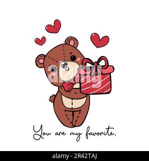 Cute innocence sorriso orsacchiotto con arco rosso tenere confezione regalo doodle mano disegno cartone animato contorno isolato su sfondo bianco Illustrazione Vettoriale