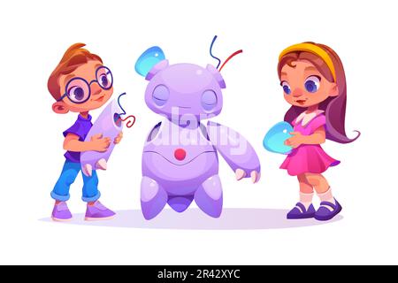 Kid ai robot sviluppo e scienza studio vettore illustrazione. Set di attività per bambini del workshop di formazione e ingegneria informatica. Ragazzo e ragazza costruiscono o rompono il robot carino Illustrazione Vettoriale