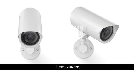 Set realistico di 3D telecamere TVCC isolate su sfondo bianco. Illustrazione vettoriale della videocamera. Attrezzature moderne per la casa, l'ufficio, l'impresa, la protezione della sicurezza aziendale, la prevenzione della criminalità, strumento spia Illustrazione Vettoriale