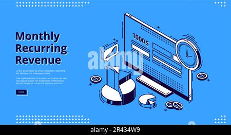 Ricavo ricorrente mensile, landing page isometrica mrr. Computer desktop con calcolatrice del budget o dei pagamenti sullo schermo, orologio, monete e grafici. Ricerca di guadagno 3D vettore line art banner web Illustrazione Vettoriale