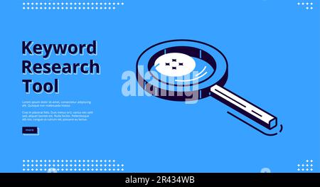 Ricerca parola chiave strumento di destinazione isometrico con lente di ingrandimento grande isolato su blu. Ottimizzazione SEO, servizio di analisi 3D illustrazione vettoriale, banner web line art Illustrazione Vettoriale
