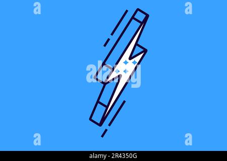 Simbolo del flash isometrico isolato su sfondo blu, icona dell'illuminazione elettrica, elemento per infografica aziendale, simbolo grafico di shock energetico, temporale e avvertimento, illustrazione grafica a 3D linee vettoriali Illustrazione Vettoriale