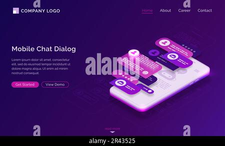 Interfaccia dell'applicazione di dialogo per chat mobile. UI UX progettazione di applicazioni Messenger. Pagina di destinazione vettoriale con illustrazione isometrica dello schermo dello smartphone con bolle vocali in dialogo con chatbot Illustrazione Vettoriale
