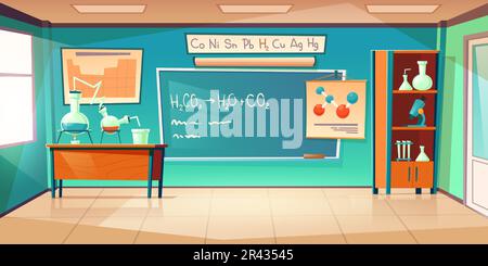 Armadio per chimica, interno vuoto per laboratori con formula chimica su lavagna, becher per esperimenti su scrivania, mobili e forniture scolastiche. Illustrazione vettoriale cartoon della sala didattica Illustrazione Vettoriale