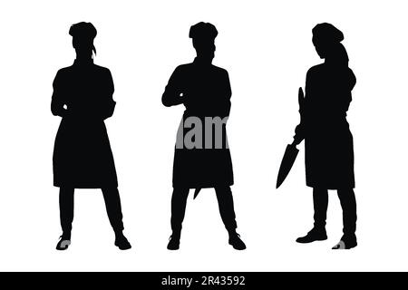 Macellaio femmina in piedi con coltelli silhouette set vettore. Taglierine anonime di carne femminile senza facce in piedi in posizioni diverse. Ragazza moderna bu Illustrazione Vettoriale