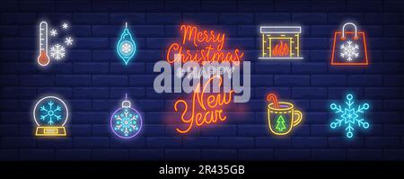 Set di cartelli al neon invernali Illustrazione Vettoriale