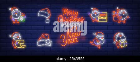 Set di segni al neon Babbo Natale Illustrazione Vettoriale
