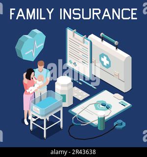 Concetto isometrico di assistenza sanitaria con illustrazione vettore di assicurazione di famiglia medica Illustrazione Vettoriale