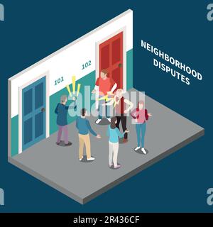 Concetto isometrico dei vicini con le persone che discutono nell'illustrazione vettoriale della sala della costruzione Illustrazione Vettoriale