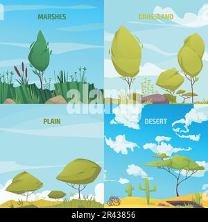 Tipi di ecosistema cartoni animati con paludi e composizioni di sistema praterico isolato illustrazione vettoriale Illustrazione Vettoriale