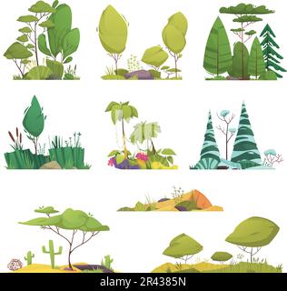 Tipi di ecosistema icone cartoni animati con diversi alberi e sistemi di flora isolato illustrazione vettoriale Illustrazione Vettoriale