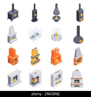 Caminetti isometrici con icone isolate di diverse stufe a fuoco acceso e varie soluzioni interne vettoriali Illustrazione Vettoriale