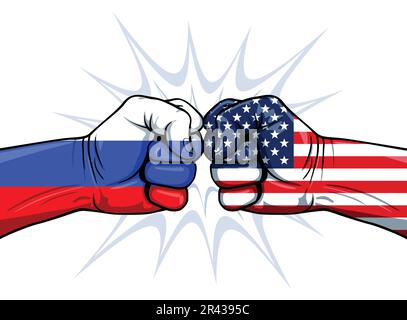 usa russia guerra conflitto tensione punzonatura pugno concetto bandiera vista laterale illustrazione vettore su sfondo bianco Illustrazione Vettoriale