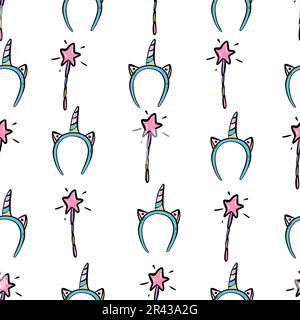 cerchio dei capelli per bambini con orecchie e corno unicorno. illustrazione vettoriale. un vestito magico, il concetto di festa dei bambini. ripetizione senza giunture, Illustrazione Vettoriale