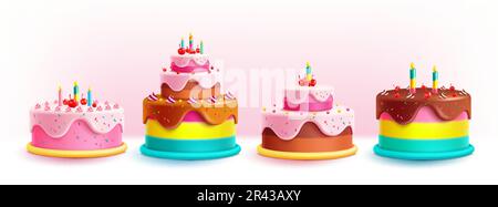 Torta di compleanno set disegno vettoriale. Collezione di torta di compleanno dal sapore colorato e yummy. Insieme di elementi party per illustrazioni vettoriali. Illustrazione Vettoriale