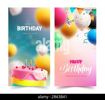 Buon compleanno set poster vettoriale. Buon compleanno testo con torta e palloncini partito elementi. Invito con illustrazione vettoriale e biglietto d'auguri Illustrazione Vettoriale