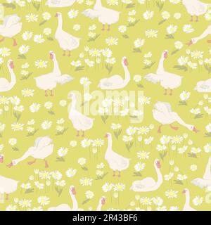 Motivo senza cuciture con camomilla e oca su sfondo verde Illustrazione Vettoriale