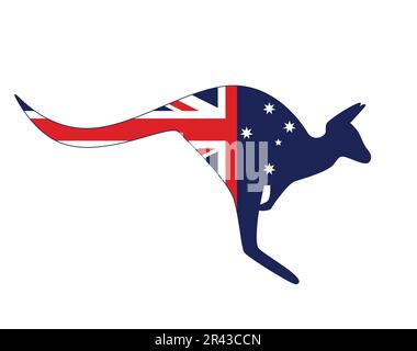 kangaroo australian silhouette vista laterale con logo simbolo della bandiera australiana isolato su sfondo bianco Illustrazione Vettoriale
