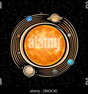 Logo vettoriale per Solar System, stampa fantasy decorativa con sole stella arancione, pianeti rotanti del sistema solare e molte lune, segno cosmo rotondo con er Illustrazione Vettoriale