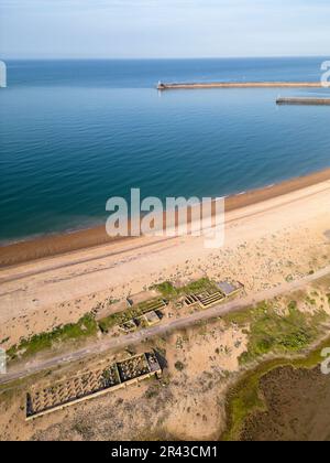Vista aerea dei mulini di marea, un villaggio derelitto nel Sussex orientale vicino a Newhaven, abbandonato nel 1939 Foto Stock