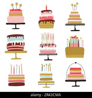 Happy Birthday torte collezione. Dolce natalizio gustoso dessert in uno stile semplice e grazioso. Illustrazione vettoriale Illustrazione Vettoriale