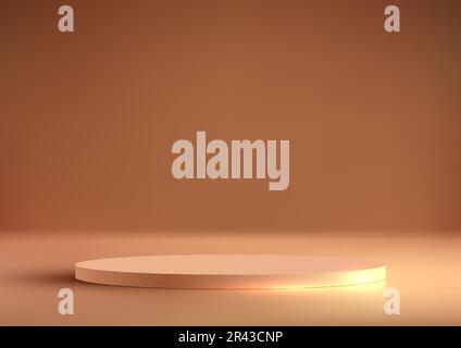 3D podio dorato in stile lussuoso e realistico su sfondo marrone con effetto luce. Potete usare per la presentazione cosmetic di bellezza, mockup della vetrina, Illustrazione Vettoriale
