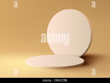 3D plateau da podio beige vuoto realistico con sfondo circolare su sfondo giallo con luce naturale. Mockup espositore prodotti per cosmetici di bellezza Illustrazione Vettoriale