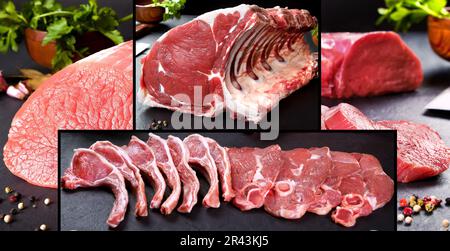 Varietà di tagli crudi di carne, filetto di vitello, vitello rotondo, costolette di maiale, costolette di vitello su fondo di pietra nera. Foto Stock