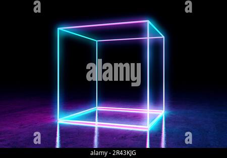 Luci al neon e pavimento in cemento in uno spazio interno scuro. Foto Stock