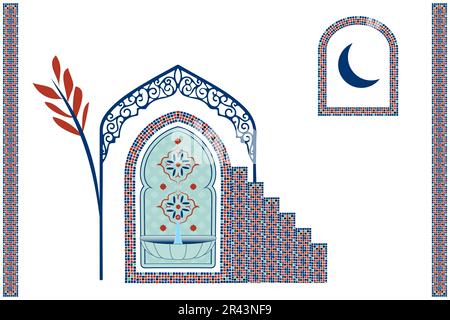 Scena marocchina, casa, porta, finestra e tradizionale motivo a mosaico. Finestra islamica e set a forma di cancello. Silhouette di design arabo per porte e finestre. Illustrazione Vettoriale