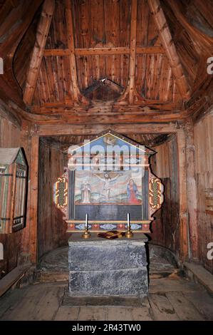 Altare, stavkirke, Chiesa di Borgund Stave, Borgund, Laerdal, Sogn og Fjordane, Norvegia Foto Stock