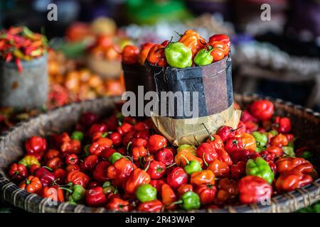 Pepe rosso e verde su un mercato, tana toraja, sulawesi, Indonesia Foto Stock