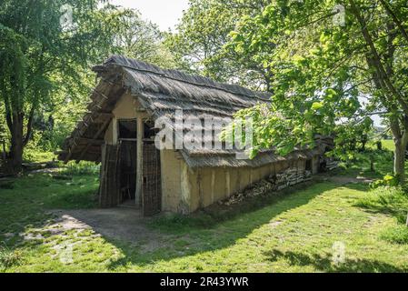 20 metri di replica di una Longhouse neolitica a la Hougue Bie, Jersey Foto Stock