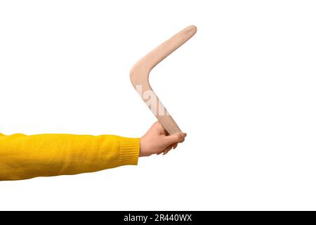 boomerang in mano femmina isolato su sfondo bianco Foto Stock