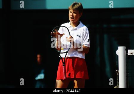 Anke Huber, deutsche Tennisspielerin, auf dem Tennisplatz. Foto Stock