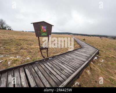 Sentiero in legno in Bozi Dar torbiera riserva naturale nella soleggiata giornata autunnale. Montagne del minerale, ceco: Krusne Hory, Repubblica ceca Foto Stock