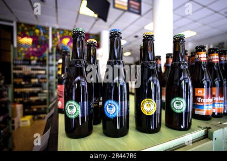 Amsterdam, Paesi Bassi. 26 maggio 2023. La birra Trappist Westvleteren è in vendita presso un negozio di liquori olandese. I monaci dell'abbazia di Sint-Sisto a Westvleteren nelle Fiandre preparano ogni anno 7500 ettolitri di birra, distribuiti in circa cinquanta giorni. Fino ad ora, Westvleteren era disponibile solo presso l'abbazia stessa, e solo per privati. ANP RAMON VAN FLYMEN netherlands out - belgium out/Alamy Live News Foto Stock