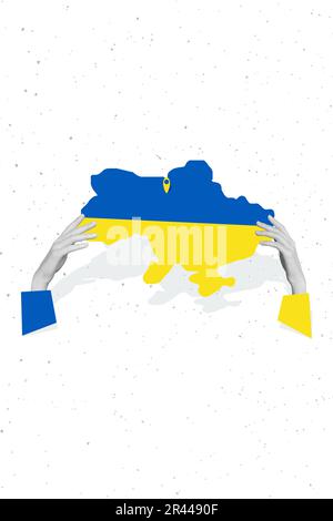 Modello collage per attivista tenere ucraina mappa nazionale bandiera colori pregare stand con ucraina concetto fermare l'aggressione russa Foto Stock