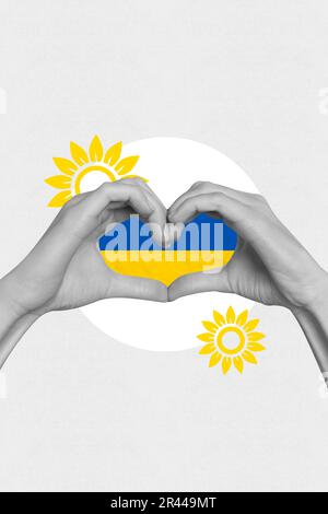Attivista disegno modello collage di patriota persona fare il cuore con le mani amore ucraina dimostrare sostegno per la società ucraina Foto Stock